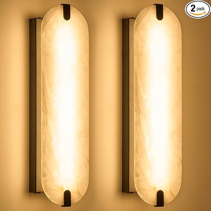 ZEROUNO 22.8in Alabaster Wall Sconce Set of Two, Natural Marble Wall lamp,Dimmable Alabaster Wall Light Fixtures for Stairs Bathroom Living Room Bedroom or Vanity,Hallway(Black