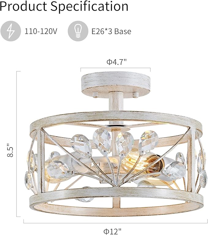 WUZUPS Crystal Leaf Chandelier 3-Light Vintage Farmhouse Industrial Semi-Flush Mount Ceiling Light Lighting Fixture for Foyer Hallway Storage Room Kitchen Bathroom, H 8.5" W 12", Antique White