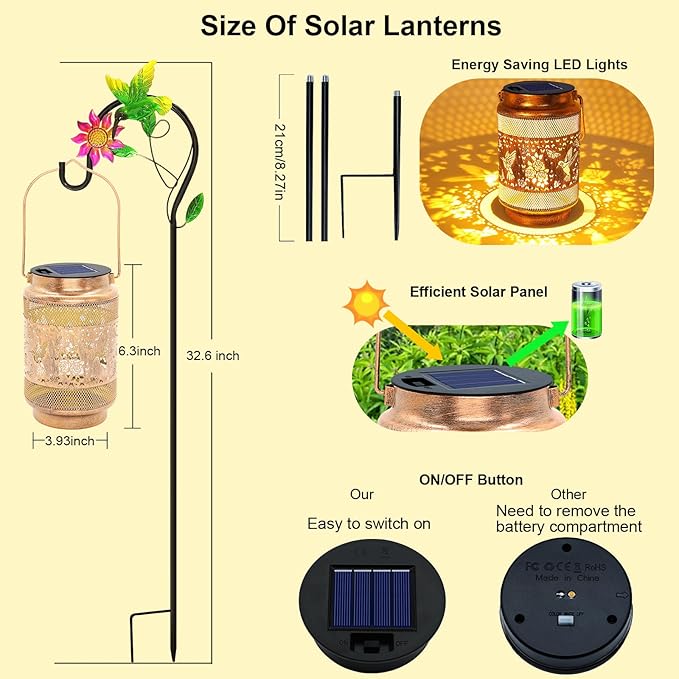 2 Pack Hummingbird Solar Lanterns Outdoor Waterproof Solar Garden Decor, Birthday Gifts for Christmas Women Mom Grandma, Metal Hanging Lights with Shepherd Hook for Yard Patio Pathway Backyard Porch - Aura Lighting
