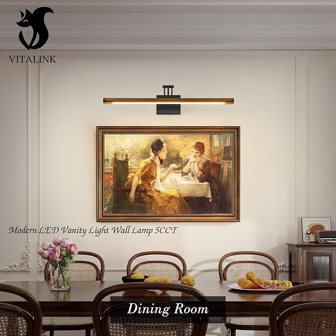 VitaLink LED Picture Light, 27.5" Hardwired Wooden Dimmable Wall Light with Adjustable Swing Arm Wall Pictures Artworks Paintings Display Lighting Bathroom Wall Lamp Vanity Light 5CCT
