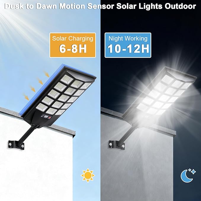 Jercoda 1 Pack Solar Street Lights Outdoor, 50000LM 6500K LED Flood Light Motion Sensor & Dusk to Dawn Security Lights with Remote Control, Waterproof Solar Powered Lighting for Garden Yard Parking