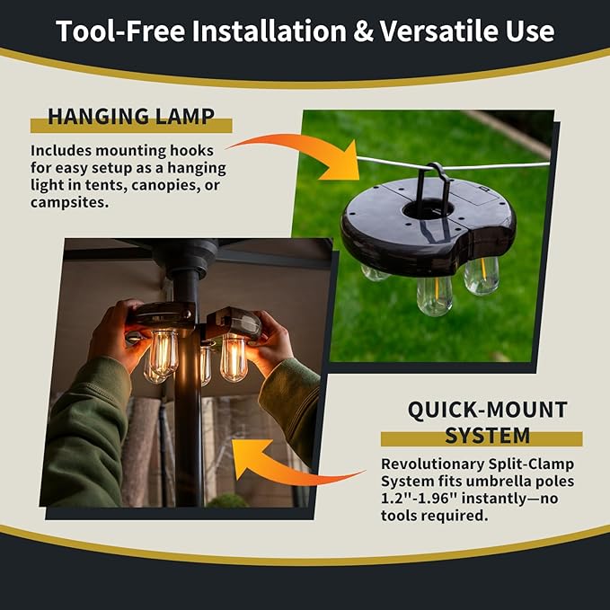 Patio Umbrella Light with Remote Control, Rechargeable Cordless LED Edison Bulbs Pole Light with 10 Brightness Levels for Garden, Patio, Backyard, Camping or BBQ - Brown (2 Pack)