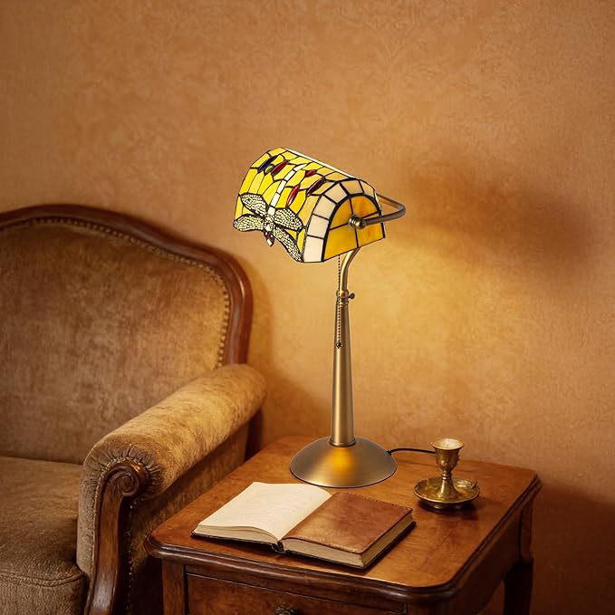 Tiffany Style Dragonfly Bankers Lamp - 18.1" Tall Stained Glass Desk Light with Adjustable Angle & Pull Chain, Vintage Handcrafted Accent Décor for Home Office Bedroom（Yellow）