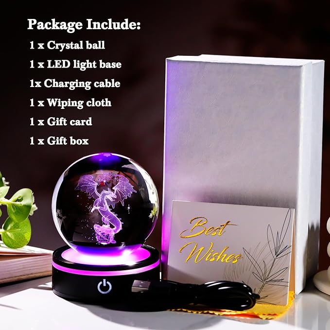 YWHL 3D Dragon Figurine Crystal Ball with Colorful Light Base, Dragon Gifts for Women Men on Birthday, Animals Collectible Sphere for Home Decor (80mm)
