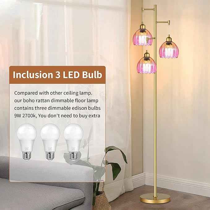 Floor Lamp for Living Room,Bedroom,Gold Mid Century Modern Standing Lamp Brass Tree 3 Light Tall Floor Lamps Vintage Retro Floor Lights Glass Flower Lamp Shade Farmhouse Boho Bohemian