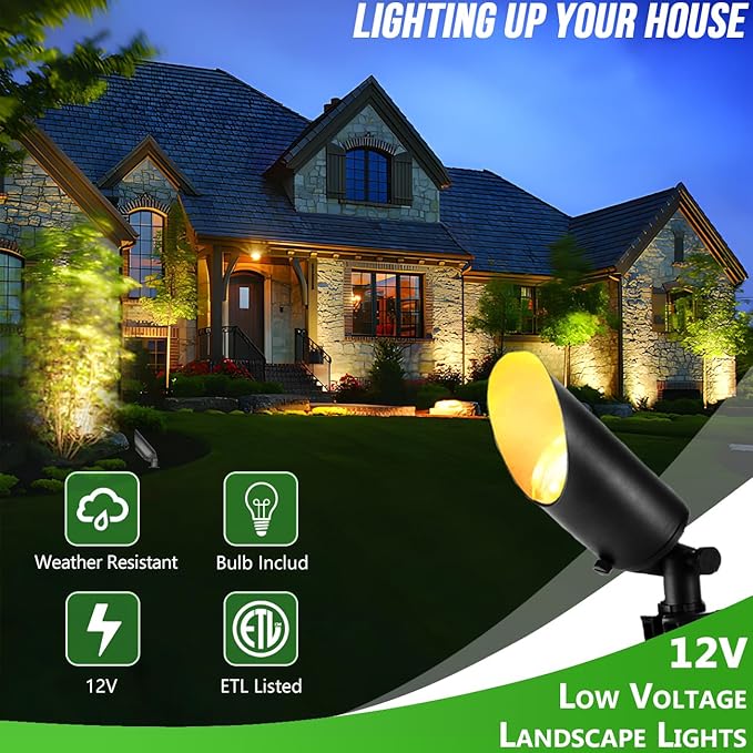 wowlite Landscape Spotlights Outdoor, 12V Low Voltage Landscape Lighting Fixture with 5W MR16 LED Bulb, 2700K Warm White Waterproof Black Aluminum Directional Uplight for Garden Courtyard Pathway - Aura Lighting