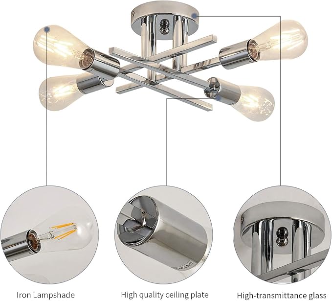 ZGLAOJT ZGLAOJT4-Lights Ceiling Light Fixture，Chrome Modern Metal Chandelier，Farmhouse Lighting for Kitchen Bedroom Bathroom LivingRoom Corridor LaundryRoom Bar