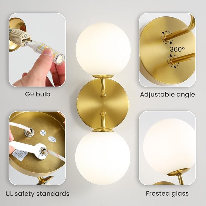 Yunnix Wall Sconce Set of Two Gold Wall Vanity Light Modern Globe Wall Sconces Light Mid Century Wall Sconce 2 Light for Bathroom Mirror Living Room Bedside Living Room Bedroom(Bulbs Not Included)