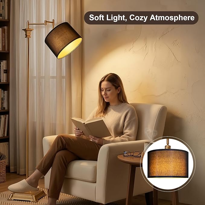 Scenekoy 68″ Tall Smart LED Floor Lamp for Living Room Bedroom, Antique Gold Finish, Remote Control, 350º Adjustable Swing Arm Standing Lamp with Black Shade, Decor for Reading House Home Office