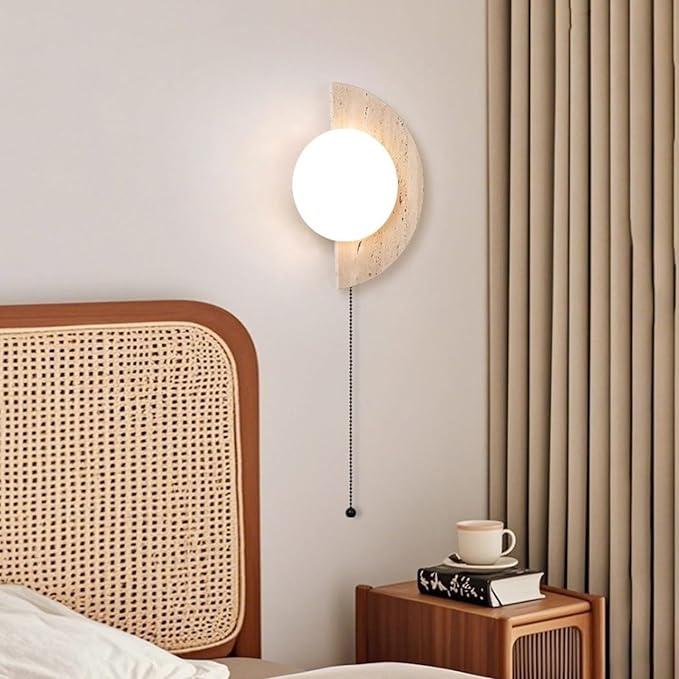 Semi Circle Yellow Travertine Wall Sconce, Wabi Sabi Marble Wall Light with Glass Lampshade and Pull Switch, Half Moon Natural Stone Wall Lamp for Bedroom Living Room Hallway(Right)