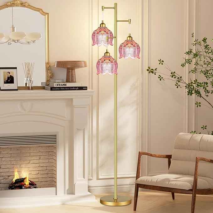 Glass Floor Lamp for Living Room,Bedroom,Gold Flower Mid Century Modern Standing Lamp Brass Tree 3 Light Tall Floor Lamps Vintage Floor Lights Pink Lamp Shade Farmhouse Boho Bohemian