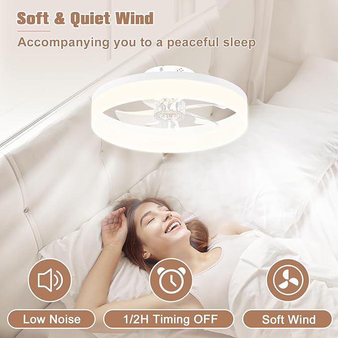 VOLISUN Low Profile Ceiling Fans with Lights and Remote,15.7in Modern Ceiling Fan Flush Mount, 3000K-6500K Dimmable Bladeless LED Fan Light,White Fandelier Ceiling Fans with Lights for Bedroom - Aura Lighting
