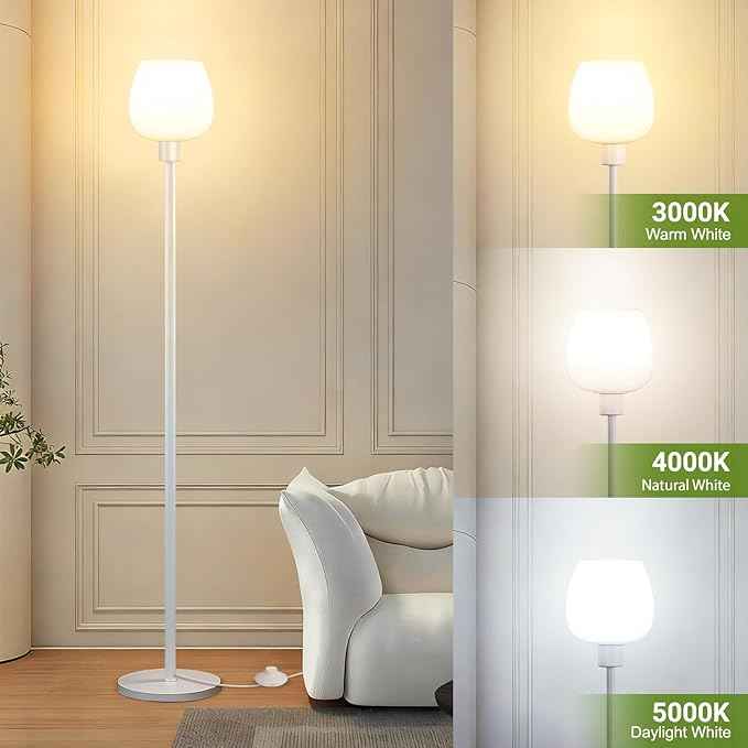 64.2'' White Floor Lamp, Modern Standing Lamp with Opal Glass shade, 3 Color Temperatures LED Bulb Included, Foot Pedal Switch, Tall Pole Standing Lamps for Living Room, Office, Bedroom, Home Decor