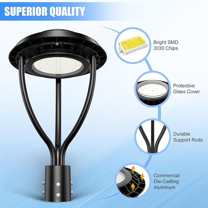 2 Pack LED Post Top Light 80W 64W 48W Adjustable with Dusk to Dawn Photocell,12000LM 5000K Outdoor Pole Lights, IP65 Waterproof Outdoor Post Light Fixtures for Garden Yard ETL DLC Listed - Aura Lighting