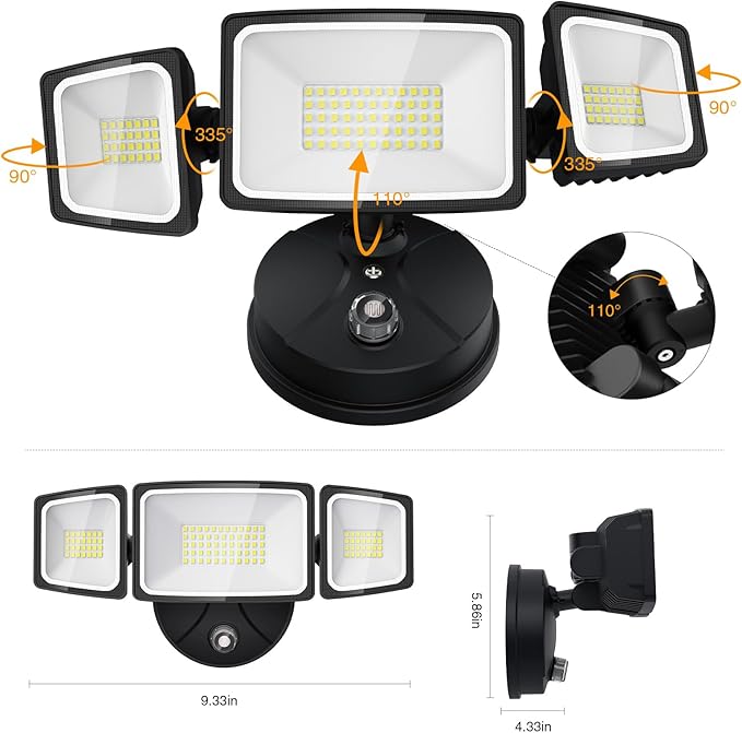 Onforu 70W LED Dusk to Dawn Flood Lights, 7000LM Black Exterior Security Outdoor Lighting,IP65 Waterproof Outdoor 3 Adjustable Heads Photocell Light Fixture,6500K Floodlight for Garage,Patio,Yard
