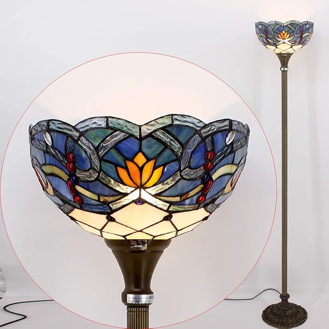WERFACTORY Tiffany Floor Lamp Blue Lotus Flower Stained Glass Light 12X12X71 Inches Pole Torchiere Standing Corner Torch Uplight Decor Bedroom Living Room Home Office S220 Series