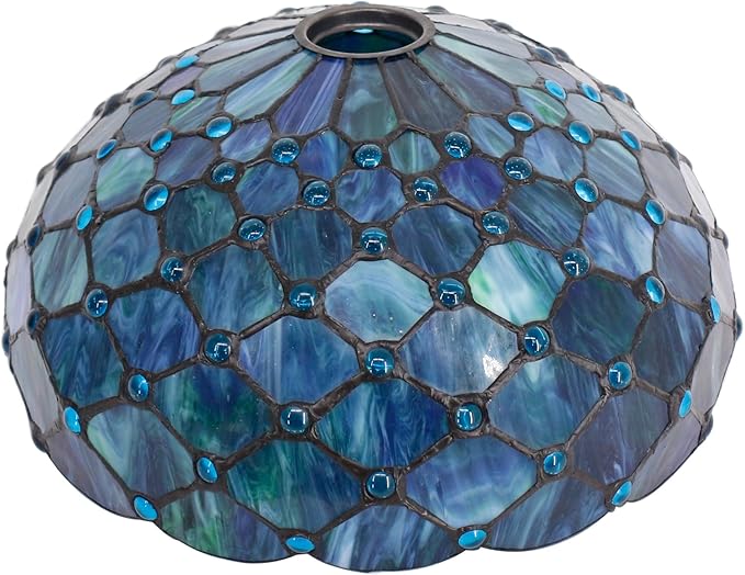 Tiffany Lamp Shade Replacement 12X6 Inch Stained Glass Lampshade Only 1-5/8-Inch Fitter Opening for Arched Floor Lamp, Torchiere Lamp, Pendant Light (Blue)