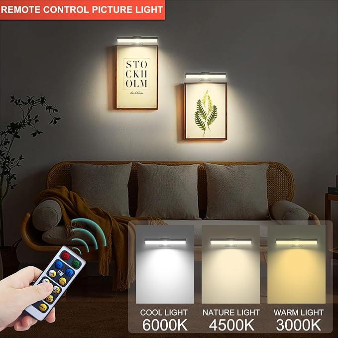 Wall Picture Lights with Remote, Dimmable Painting Light Battery Powered with 3 Lighting Colors,Timer auto-OFF, Art Display Light for Indoor Wall Pictures Paintings Frames Gallery Hallway-6PACK