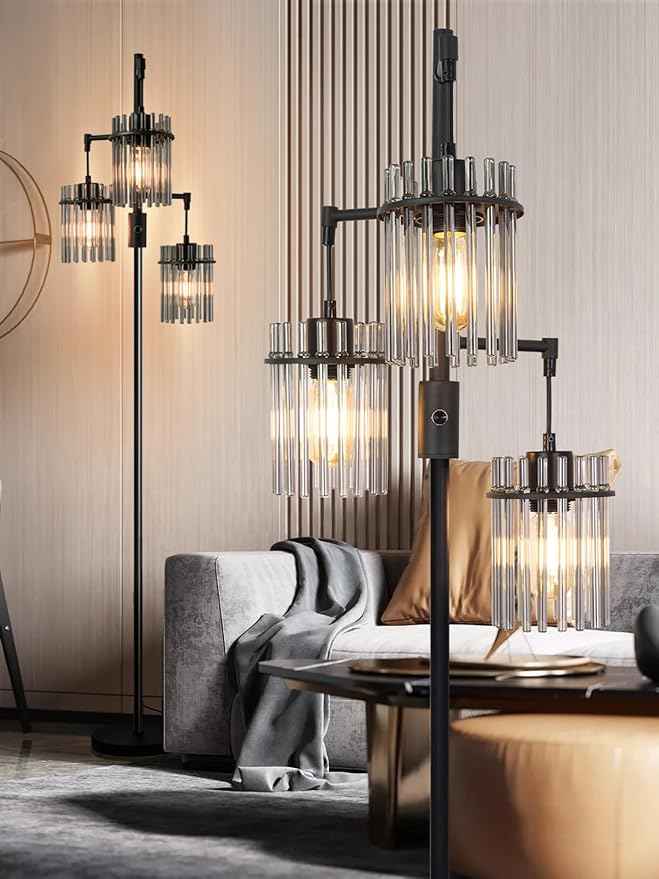Industrial Floor Lamps for Living Room, Dimmable Floor Lamp Modern Standing Lamps with Glass Lampshade, Rotary Switch, LED Bulbs, Tall Lamps for Bedroom, Office (3 Lampshades(66inch))