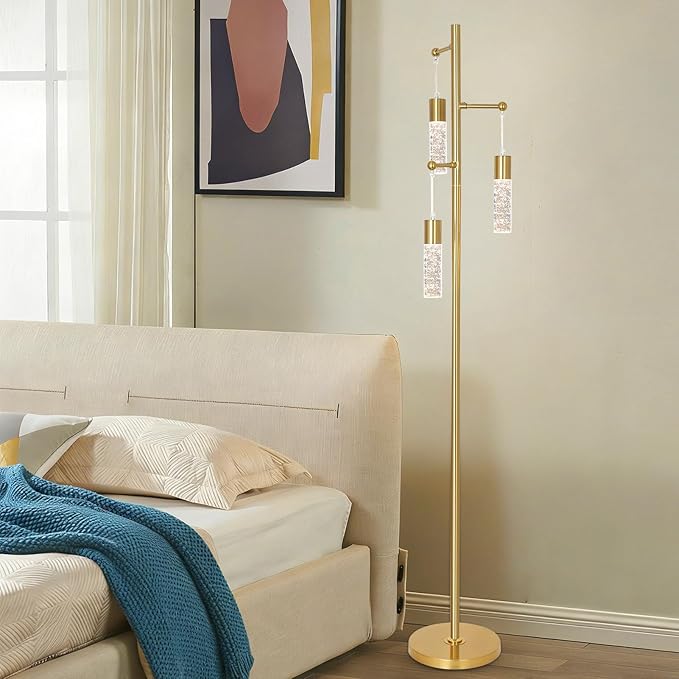 Gold Floor Lamps for Living Room, Modern Brass Standing Lamp with Bubble Crystal Shades, 3 Built-in LED Lights, ON/Off Foot Switch, Industrial Tall Tree Lamp for Bedroom Corner Home Office
