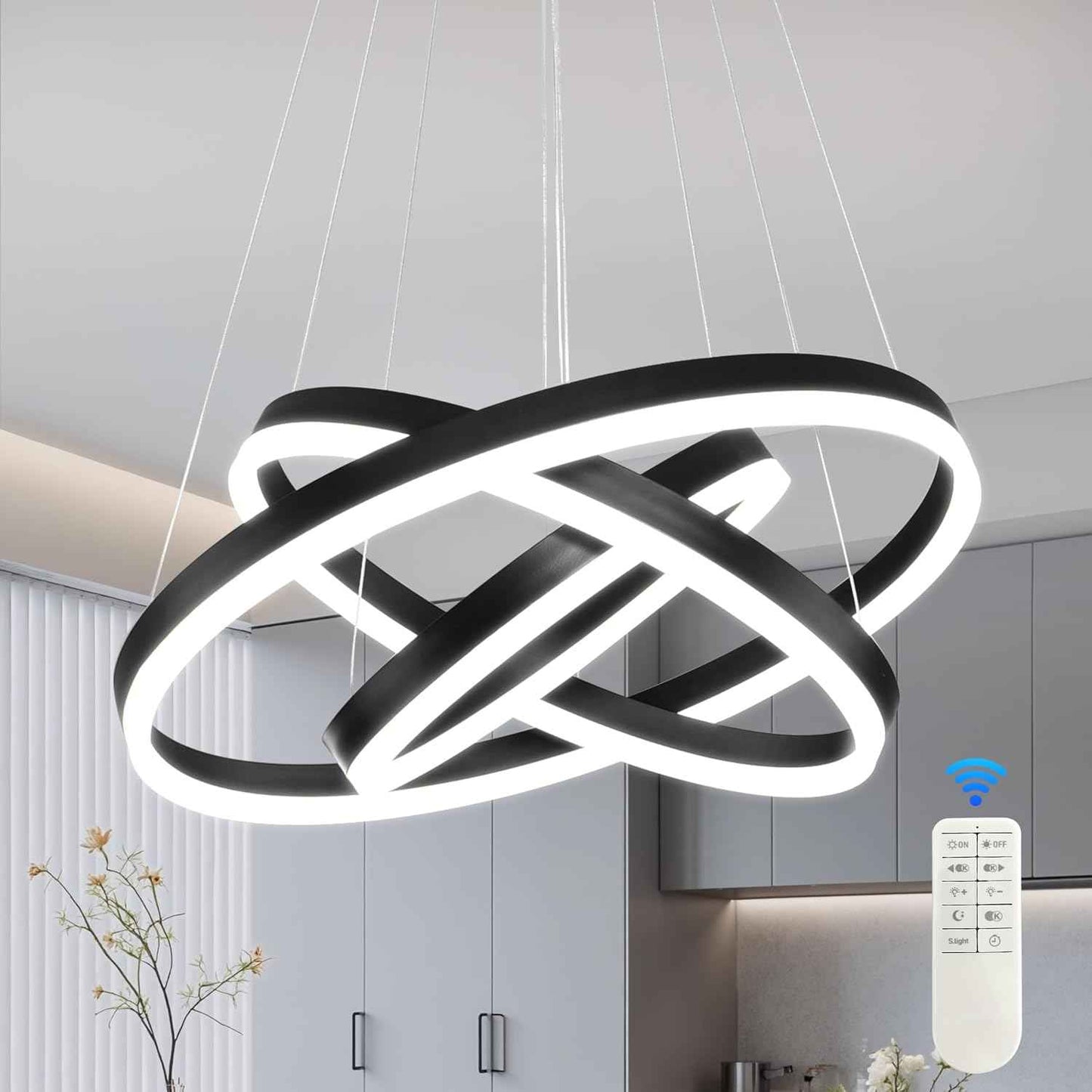 Modern Led Chandelier 3 Rings Black Pendant Lights Dimmable Chandeliers Color Temperature Height Adjustable Black Chandelier Led Pendant Light for Living Room Dining Room Bedroom Entryway