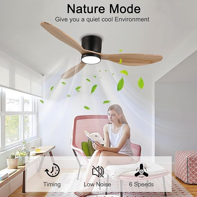 reiga 52" Natural Wood Ceiling Fan with Light and Remote, 3 Blade Flush Mount Low Profile Ceiling Fan for Bedrooom Living Room, Quiet DC Motor - Aura Lighting