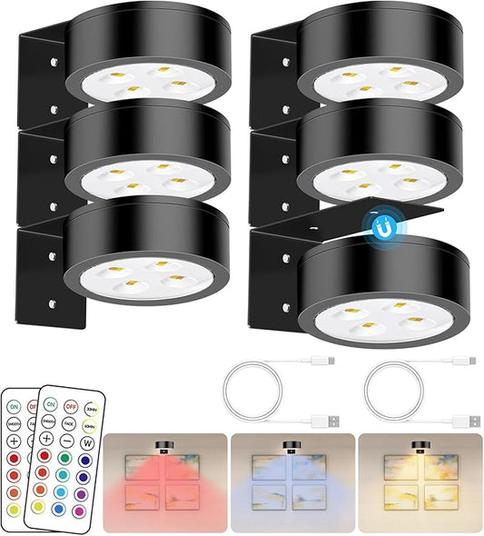 13 Color RGB Magnetic Led Art Display Light, Wireless Magnetic Picture Lights Rechargeable Battery-Powered Wall Frame Lights, Remote Control, and Timer 6Pack Black