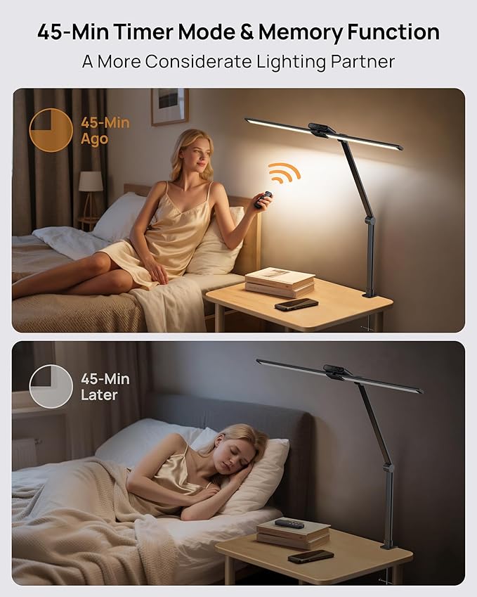 TROND LED Desk Lamp with Clamp, 29.55'' Tall Desk Light with Remote, 1500LM Bright Table Lamp, Swing Arm Clip on Light, Eye-Caring, Touch Control Dimmable for Home Office Monitor Reading Study Task - Aura Lighting