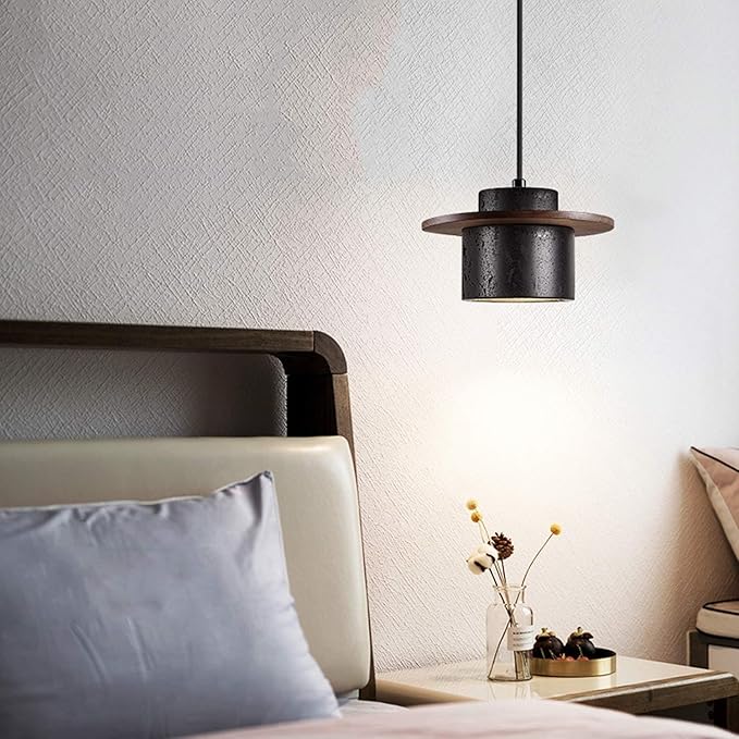 Wabi Sabi Black Natural Stone Pendant Light Travertine Lampshade Nordic Style Solid WoodNatural Yellow Travertine Hanging Lamp Dining Room Kitchens Island Hanging Lights