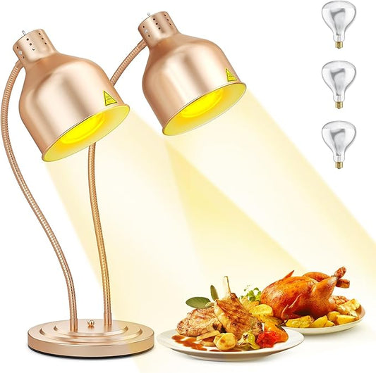 Food Heat Lamp, 500W Dual-Head Stainless Steel Commercial Food Warmer Lamp with 540° Rotation & 3Pcs Bulbs, Portable Warming Light for Restaurant Kitchen Buffet Counter Party Catering