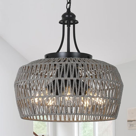HMVPL Grey Rattan Chandeliers for Dining Room, 5-Light Boho Dining Room Light Fixture with Wicker Lampshade, Large Coastal Pendant Light, Modern Farmhouse Light Fixture for Kitchen Bedroom Living Room