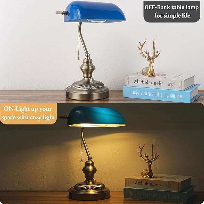 Rustic Banker's Desk Lamp Stepless Dimmable, Traditional Bankers Desk Lamp with USB Port and Outlet, Vintage Farmhouse Table Lamp for Home Office Library