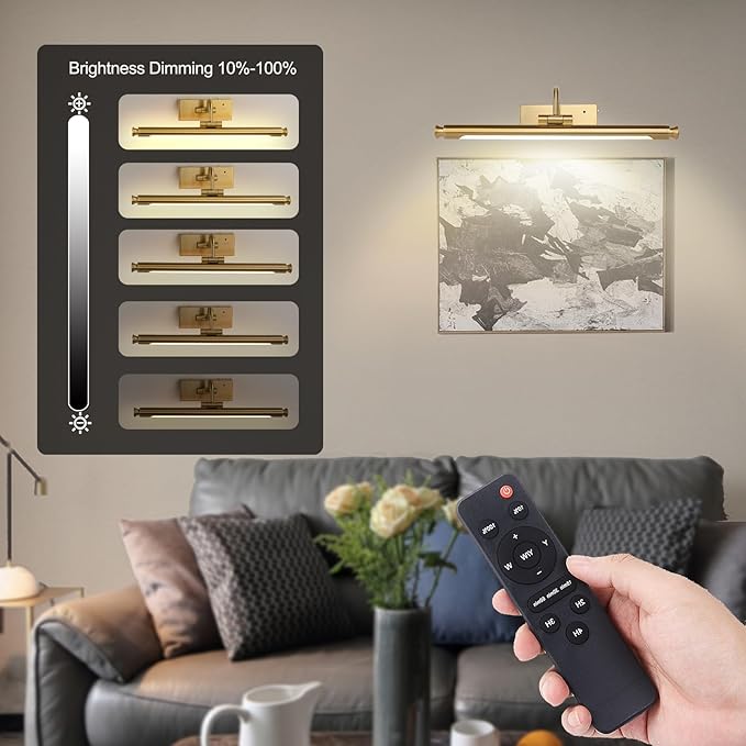 Wireless 15.7in Gold Brass Picture Light – Rechargeable LED Wall Art Lamp with Remote Control, Timer, Adjustable Arm, 3 Color Temperatures & Stepless Dimming, for Living Room and Gallery Lighting