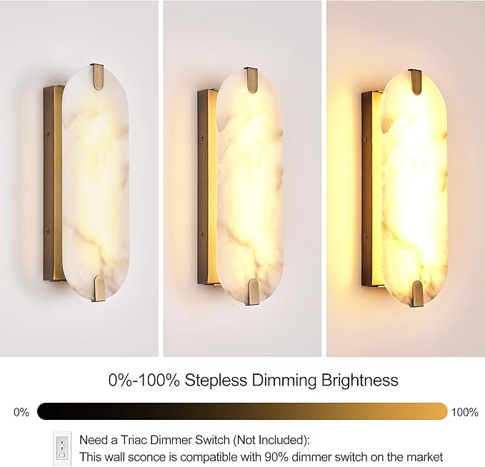 ZEROUNO Alabaster Wall Sconces, 14.2 inch Natural Marble Wall lamp,Dimmable Alabaster Wall Light Fixtures for Stairs Bathroom Living Room Bedroom or Vanity,Hallway（Brushed Bronze