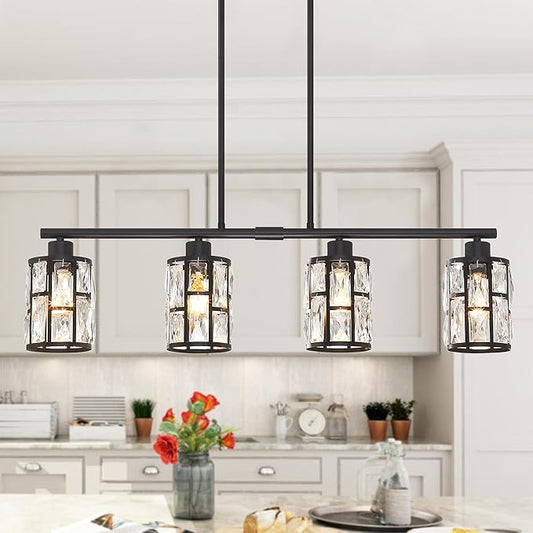 MEXO Crystal Pendant Light Fixture for Kitchen Island Dining Room, Farmhouse Chandelier Matte Black Close to Ceiling Lightings Over Table