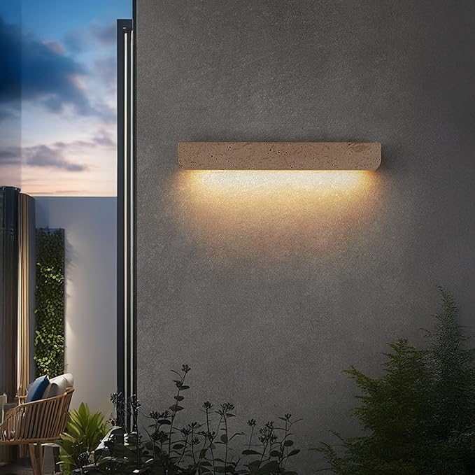 Outdoor/Indoor Yellow Travertine Wall Sconces, Nordic Style Natural Stone LED Wall Lamp, IP65 Waterproof Exterior Lighting Fixtures, Wabi-Sabi Art Decor Wall Light for Patio Garage(32cm)