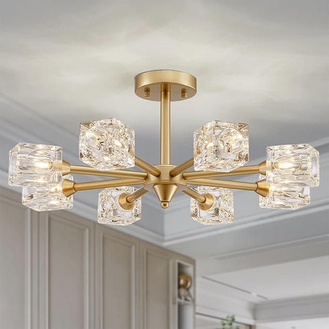 XINGQI 8-Light Semi Flush Mount Ceiling Light Fixture Modern Antique Gold Sputnik Chandeliers Fashion Lighting for Bedroom Dining Room Farmhouse Kitchen Office - Aura Lighting