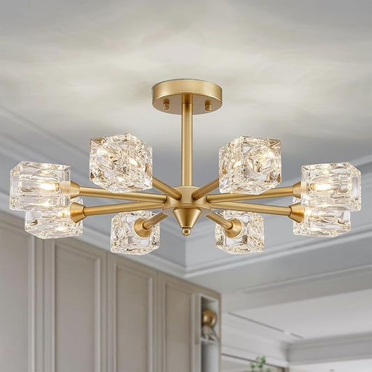 XINGQI 8-Light Semi Flush Mount Ceiling Light Fixture Modern Antique Gold Sputnik Chandeliers Fashion Lighting for Bedroom Dining Room Farmhouse Kitchen Office - Aura Lighting