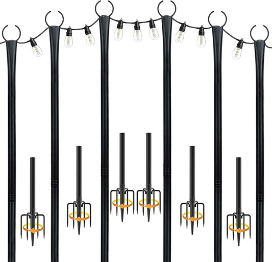 10 Ft String Light Poles for Outside, 6 Pack Heavy-Duty Metal Poles for Outdoor Hanging Lights with Fence Brackets, Outdoor String Light Pole Stand for Patio, Backyard, Garden