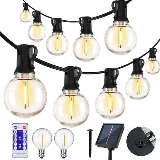 100FT Solar String Lights Outdoor Waterproof, G40 String Lights with 34+3 LED Shatterproof Bulbs, Dimmable Solar Patio Lights with Remote for Outside Backyard Party