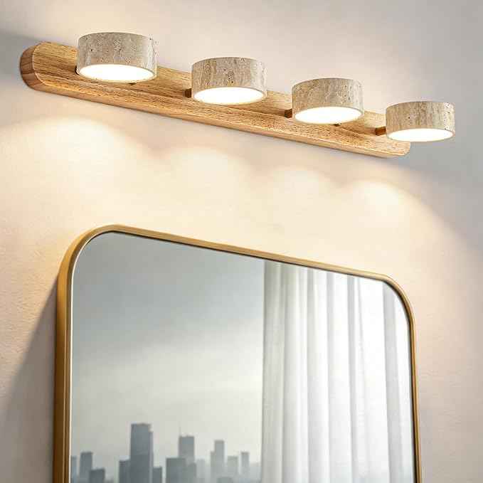 Travertine Vanity Light, 300° Swivel Japandi Ash Wood LED Wall Sconce, Natural Stone Mirror Lighting Fixtures, 27.6" 4-Light Modern Rustic Wall Lamp for Bathroom & Bedroom (110V)