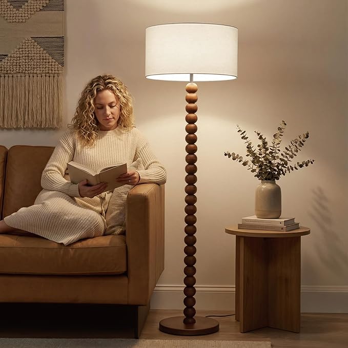 Buruis 61" Beaded Wood Floor Lamp with 17.2" Large Linen Shade, UL Listed, Retro Mid-Century Accent Walnut Finish Standing Lamp for Living Room, Bedroom, Office, Corner, Bulb Not Included, Cream