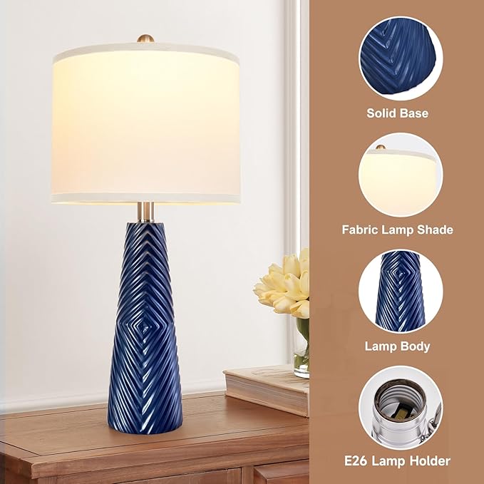 Terpsichore Nightstand Lamp Bedside Lamps Set of 2 Vintage Rustic Farmhouse Table Lamp 3 Way Dimmable Horizontal Stripe Light,for Living Room Bedroom,USB A+C (Blue, High 24 Inch)