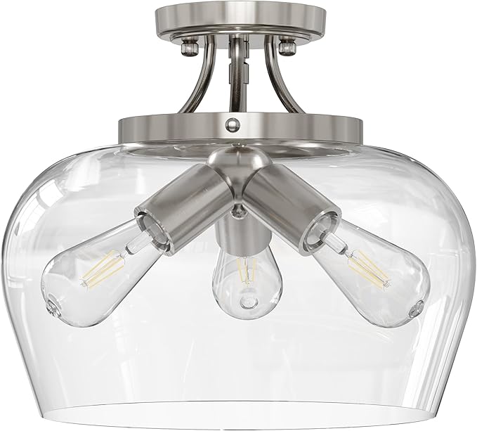 VONLUCE Semi Flush Mount Ceiling Light, 13.8" Ceiling Light Fixture with Clear Glass Shade, E26 Base, 3-Bulb Industrial Lighting Fixture for Hallway Entryway Bedroom, Brushed Nickel, ETL Certificated - Aura Lighting