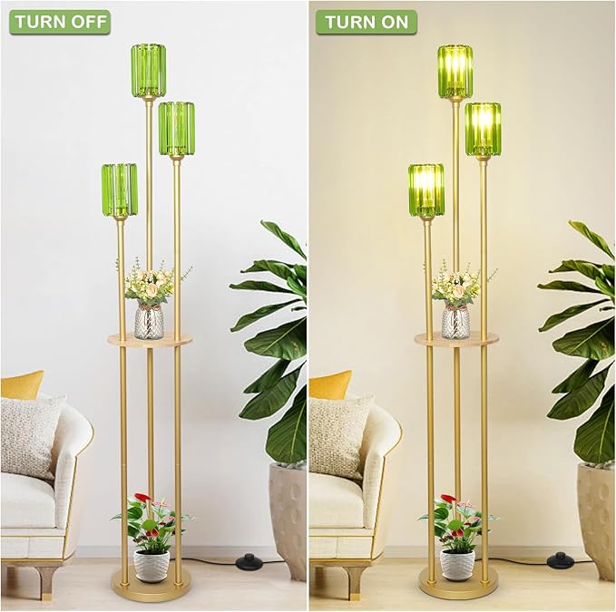 HMVPL Gold Floor Lamp for Living Room, Vintage Floor Lamp with Wood Shelf, Mid Century Standing Lamp with Table, Modern Tall Lamp with Green Crystal Shade, On/Off Switch, Boho Corner Lamp for Bedroom - Aura Lighting