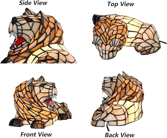 Bieye L10828 Roaring Lion Table Lamp Tiffany Style Stained Glass Accent Night Light for Children's Room Nursery Home Décor