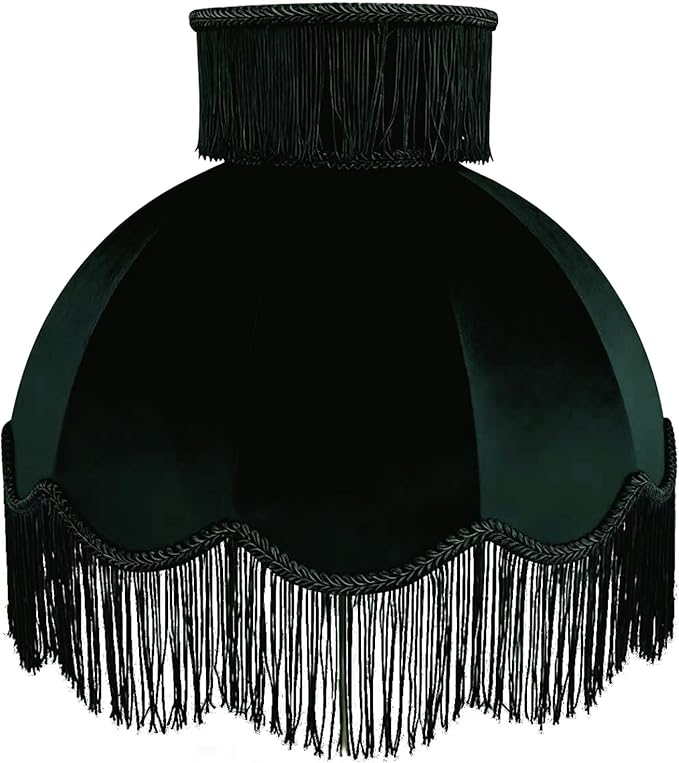 Caramel-colored velvet fringe lampshade 7.8" Top x 17.7" Bottom x 13.4" High x 15 Slant"- Large Dome with Scalloped Edge & Fringe Tassels, for Table/Floor Lamps (1, Dark green, Large)
