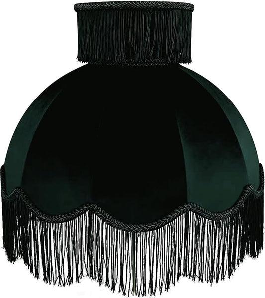 Caramel-colored velvet fringe lampshade 7.8" Top x 17.7" Bottom x 13.4" High x 15 Slant"- Large Dome with Scalloped Edge & Fringe Tassels, for Table/Floor Lamps (1, Dark green, Large)
