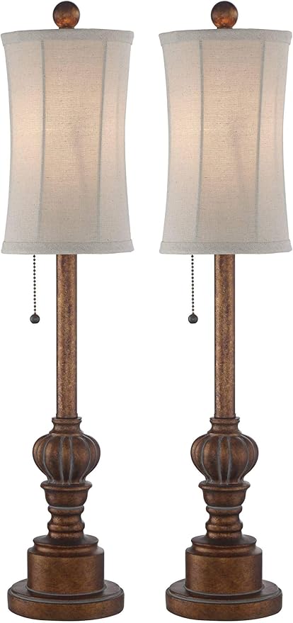 Regency Hill Bertie Traditional Natural Cottage Buffet Table Lamps 28" Tall Skinny Set of 2 Warm Brown Wood Tone Fabric Drum Shade Decor for Living Room Bedroom House Bedside Nightstand Home
