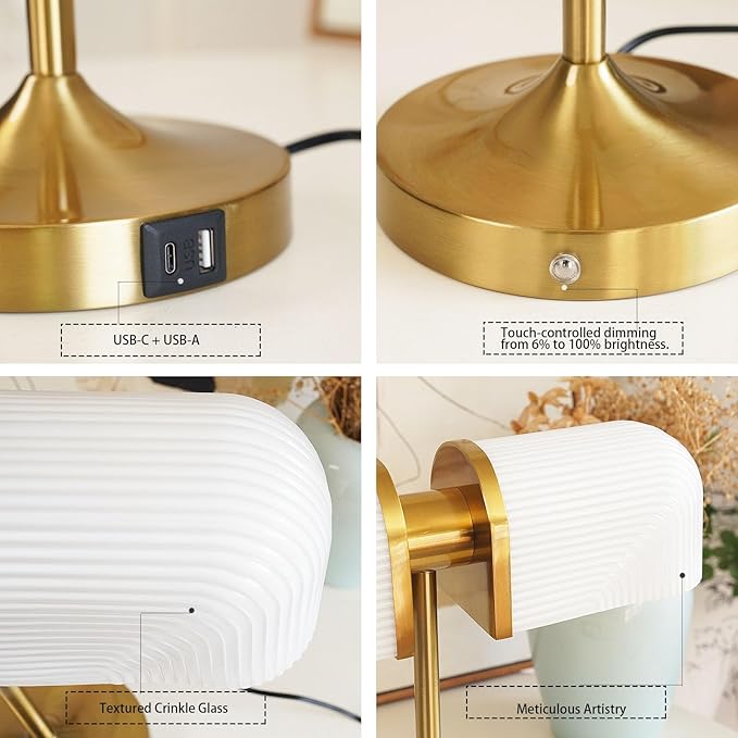 Vintage Milk Glass Bankers Desk Lamp - Dimmable Touch Control Bedside Lamp with USB A+C Charging Ports, for Bedroom Nightstand & Living Room, Bulb Included (White)